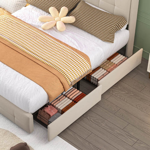 Rootz Double Bed with USB Headboard - Modern Guest Bed - Storage Beds - LED Lighting - 222cm x 148.5cm x 113cm