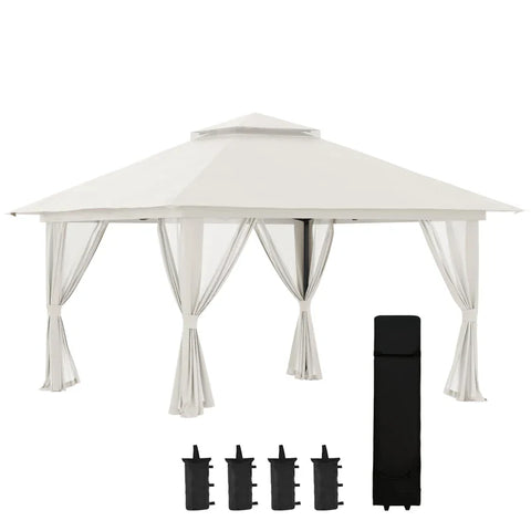 Rootz Folding Gazebo - Height Adjustable - 4 Mesh Walls - Ventilation Roof - Carry Bag - Quick Assembly - Cream White - 4 x 4 x 3 m