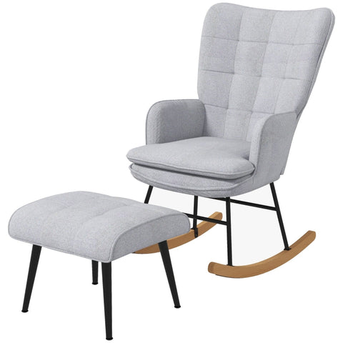 Rootz Rocking Chair with Ottoman - Scandi Design - Beech Wood - Comfortable Padding - Stylish - Durable - 64cm x 89cm x 90cm - Gray