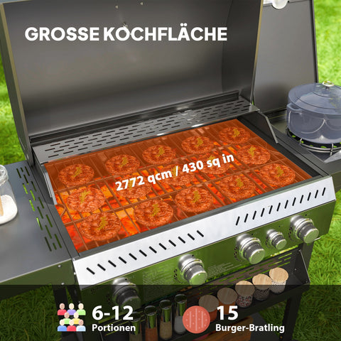 Rootz Gas Grill - BBQ Grill - Outdoor Cooker - Efficient 5-Burner System - 135cm x 55cm x 103cm - Black