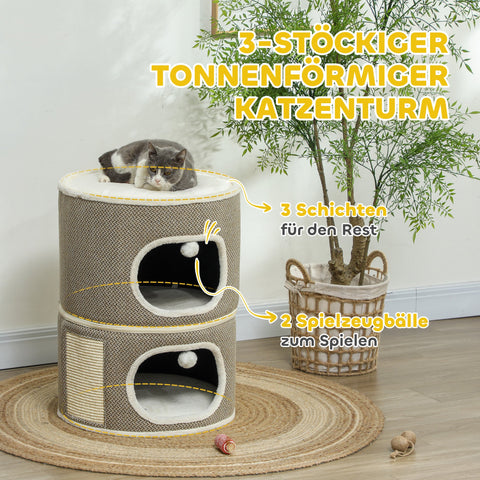 Rootz 3 Tier Cat Barrel with Cushion - Cat House - Cat Tower - Enhance Comfort - Ø51cm x 69cm, Brown- White