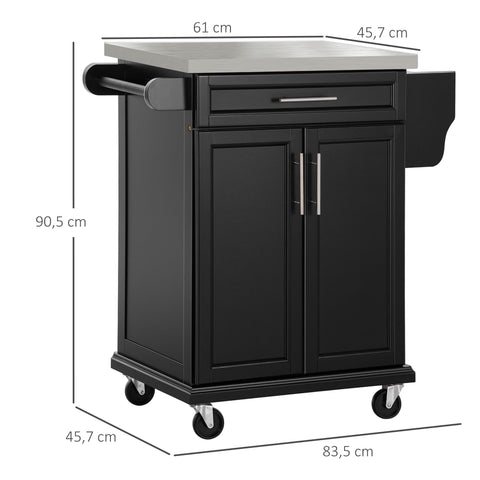 Rootz Kitchen Serving Trolley - Kitchen Island - Rolling Cabinet - Stainless Steel Plate - 91cm x 84cm x 46cm - Convenient Storage & Mobility