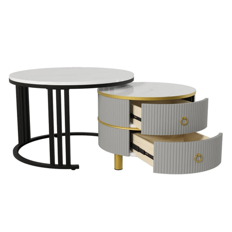 Rootz 2-in-1 Coffee Table Set - Marble Pattern - High Gloss Table Top - Space-Saving Design - 70/50cm x 70/50cm x 46/40cm