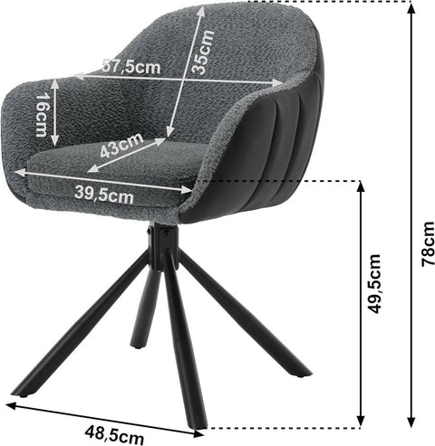 Rootz Swivel Dining Chair - 360° Rotating Chair - Boucle Fabric - Soft Foam Padding - Stable Metal Legs - 57cm x 79cm x 62cm