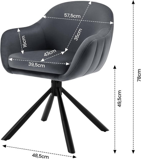Rootz Swivel Dining Chairs - Velvet Armchair - Roller-free Design - Soft Foam Padding - 57cm x 79cm x 62cm. Set of 2 - Dark Gray & Beige