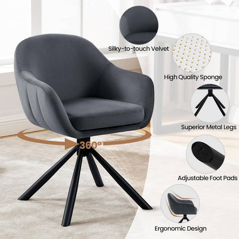 Rootz Swivel Dining Chairs - Velvet Armchair - Roller-free Design - Soft Foam Padding - 57cm x 79cm x 62cm. Set of 2 - Dark Gray & Beige