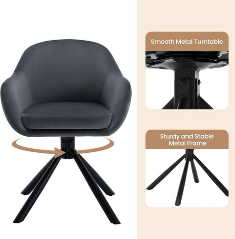 Rootz Swivel Dining Chairs - Velvet Armchair - Roller-free Design - Soft Foam Padding - 57cm x 79cm x 62cm. Set of 2 - Dark Gray & Beige
