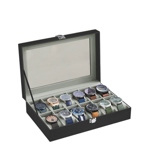 Rootz 12 Compartment Watch Box - Glass Lid - Watch Storage - Scratch Protection - 32cm x 18.6cm x 8.5cm