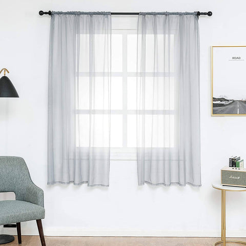 Rootz 2 Piece Curtain Set - Transparent Voile - Ribbon Store - Breathable & Tearproof - Grey - 140x245 cm - Elegant Home Decor