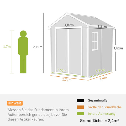 Rootz Plastic Garden Shed - Tool Shed - Outdoor Storage Unit - Weatherproof & Lockable - Ventilated & UV Resistant - 182x151x219cm - Grey, White