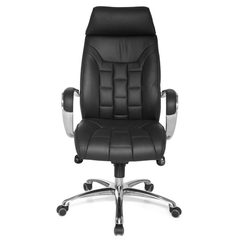 Rootz XXL Executive Chair - Office Chair - Genuine Leather - High Backrest - Lumbar Support - Aluminum Armrests - Chrome Base - 120kg Capacity - 8h Sitting Time - 66cm x 62cm x 118-128cm