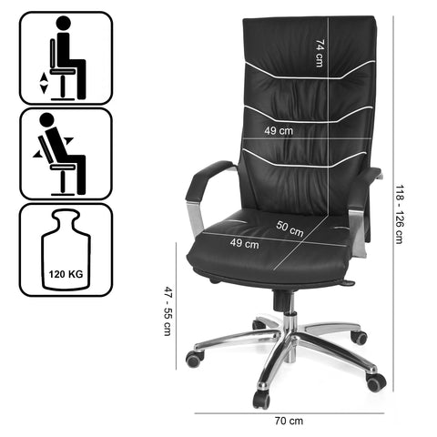 Rootz XXL Directiestoel - Bureaustoel - Ergonomische stoel - Echt leer - Lendensteun - Chromen armleuningen - Multiblock-mechaniek - Anti-schokfunctie - 120 kg laadvermogen - 8 uur zittijd - 60 cm x 55 cm x 118-126 cm