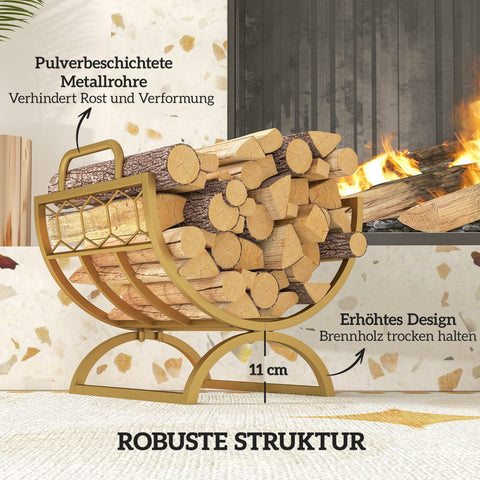 Rootz Firewood Rack Indoor - Log Holder - Wood Storage Stand - Stylish Gold Metal, Space-Saving, Durable - 46 x 36 x 41 cm