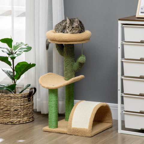 Rootz Cactus Design Cat Tree - Scratching Post - Climbing Cat Tree - Sisal Wrapped Posts - Chipboard Base - Teddy Velor - 40cm x 35cm x 72cm