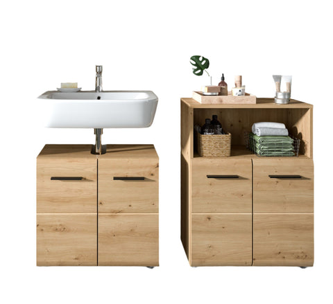 Rootz Bathroom Combination Set - Vanity Set, Bathroom Cabinet Set - MDF Front, Ample Storage - Brown Finish - 135cm x 185cm x 30cm