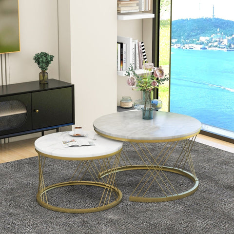 Rootz Set of 2 Modern Coffee Tables - High-Gloss Marble - Nesting Tables - 30kg Load Capacity - 70cm x 70cm x 45cm