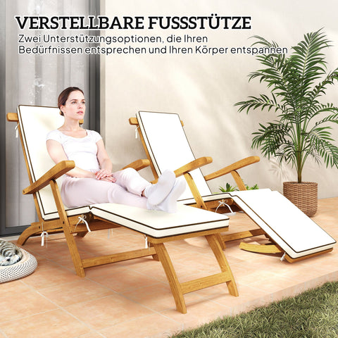 Rootz Foldable Garden Lounger - Sun Lounger - Deck Chair - Supports 160kg - 155cm x 54cm x 86cm - White, Brown Finish