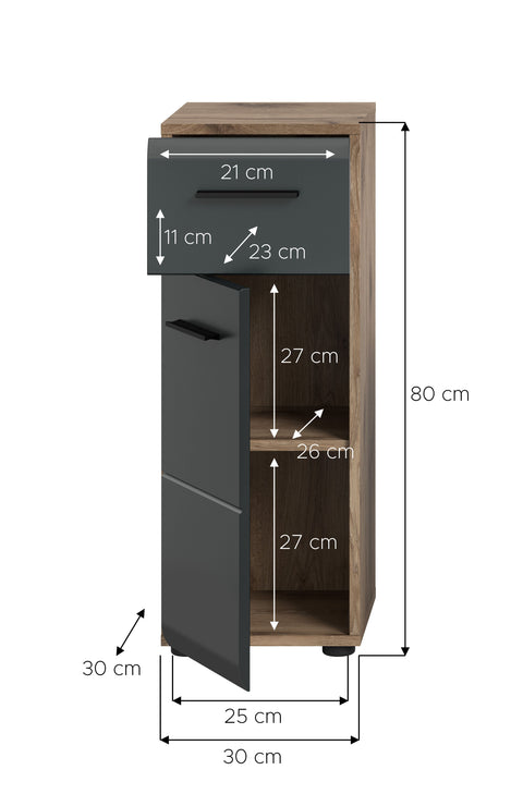 Rootz Freestanding Cabinet - Storage Unit - Organizer - Durable MDF Front - 30x80x30 cm - Black and Brown