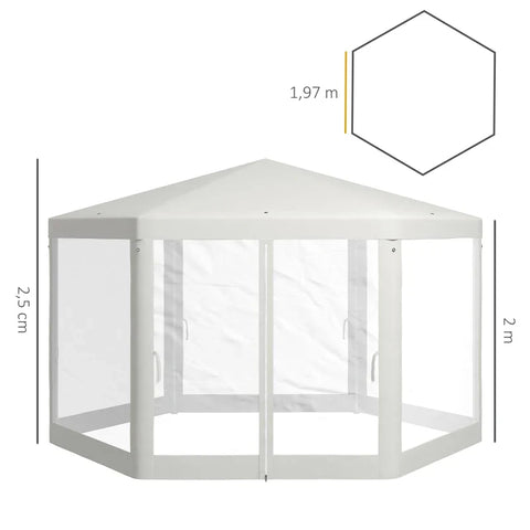 Rootz Gazebo - Garden Pavilion - Hexagonal - Ground Spikes - Mesh Curtains - Metal Frame - Polyester - Metal - Cream - 394L x 394W x 250H cm