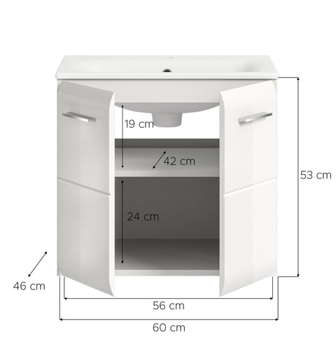 Rootz White Gloss Washbasin with Vanity Unit - Sink - Ceramic Insert - Ample Storage - 60x55x46 cm