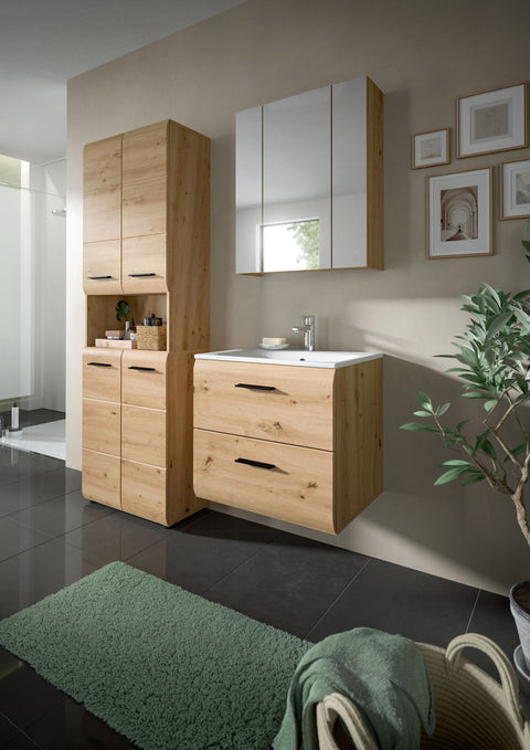 Rootz 4-Piece Bathroom Combination - Vanity Set - Mirror Cabinet - Space Efficient - Brown - 135x185x46 cm