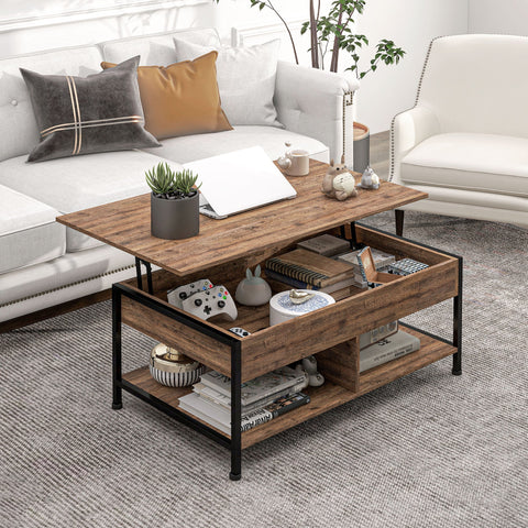 Rootz Coffee Table with Folding Tray - Hidden Compartment - Living Room Table - Multifunctional - 100 x 80 x 60 cm Rustic Brown Black