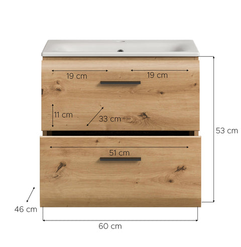 Rootz Vanity Unit with Sink - Bathroom Cabinet - Washstand - Organizes Storage - 60x55x46 cm - Brown