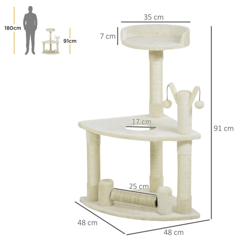 Rootz Cat Tree - Scratching Post - Cat Bed - Interactive Toys - Sisal Posts - Cozy Bed - Sturdy and Durable - 48cm x 48cm x 91cm Cream White