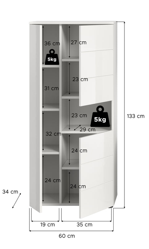 Rootz Freestanding Bathroom Cabinet - Storage Unit - Organizer - Easy Installation - 60x133x34 cm - White High Gloss