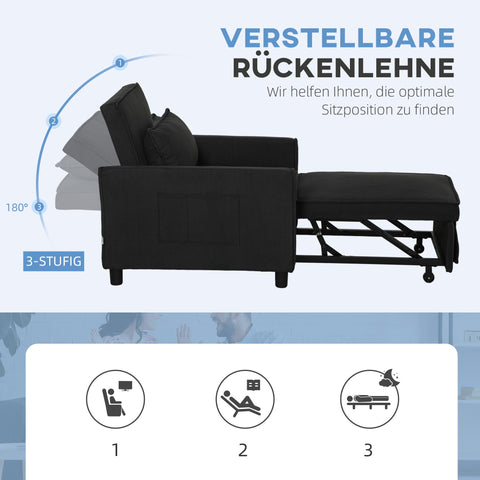 Rootz Adjustable Sleeper Chair - Convertible Lounge Chair - Recliner Bed - Comfort 3 Position - 74W x 84D x 81H cm - Black - 120kg Capacity