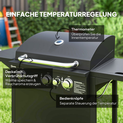 Rootz Gas Grill 9.5 kW - Outdoor BBQ - Griddle - 4 Burners, Side Cooker, Integrated Thermometer - 123 x 57 x 98 cm - Black
