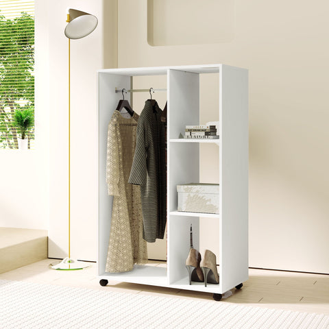 Rootz Wardrobe on Wheels - Mobile Wardrobe - Rolling Clothes Rack - Spacious Storage - 80 x 40 x 128 cm, White