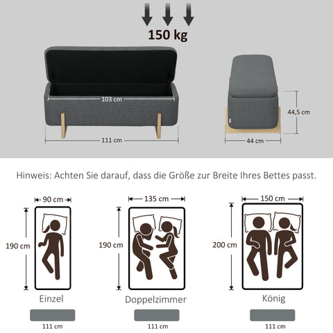 Rootz Grey Storage Stool - Bench with Storage - Seat Chest - Comfortable Padding - 111 x 44 x 44.5 cm