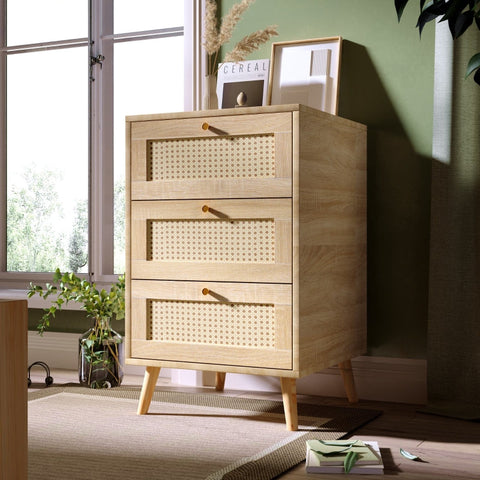 Rootz Oak Effect 3 Drawer Chest - Rattan Dresser - Bedroom Storage - Durable Design - 79.5H x 48.6W x 48.5D cm