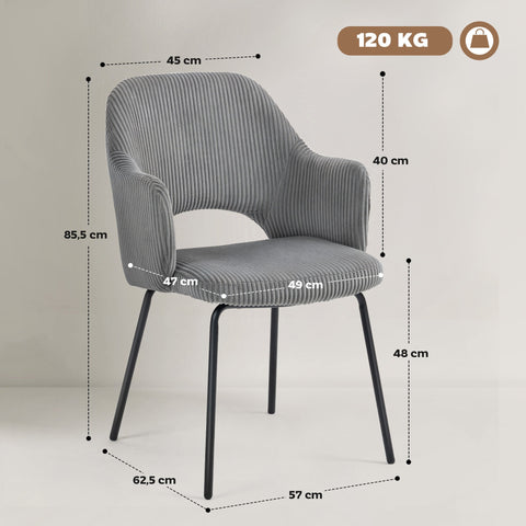 Rootz Dining Chair - Corduroy Accent Chair - Shell Shape Upholstered Seat - Comfortable & Stable - 57x62.5x85.5cm - Grey - Metal Legs