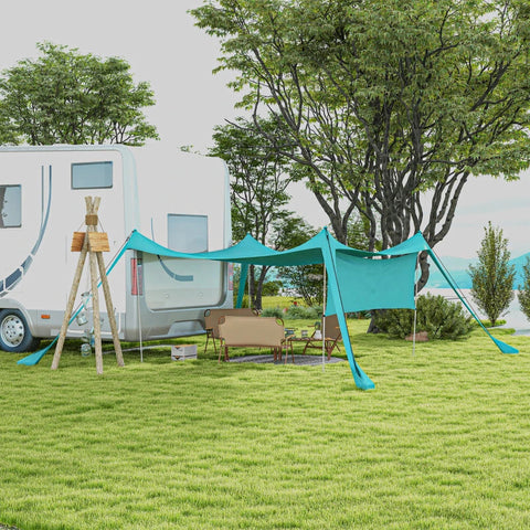 Rootz Awnings - Waterproof - Adjustable Lightweight - Foldable Awning - Steel Supports - Side Panel - Ground Spikes - Carry Bag - Polyester - Sky Blue - 300L x 300W x 200H cm