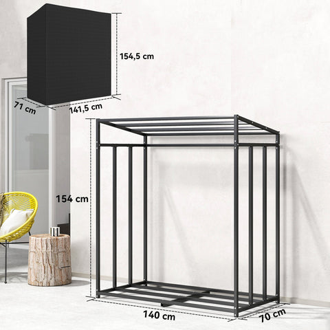 Rootz Firewood Rack Black - Steel Log Holder - Outdoor Wood Storage Stand - Weatherproof Cover - 300kg Capacity - Keeps Firewood Dry - 140 x 70 x 154 cm