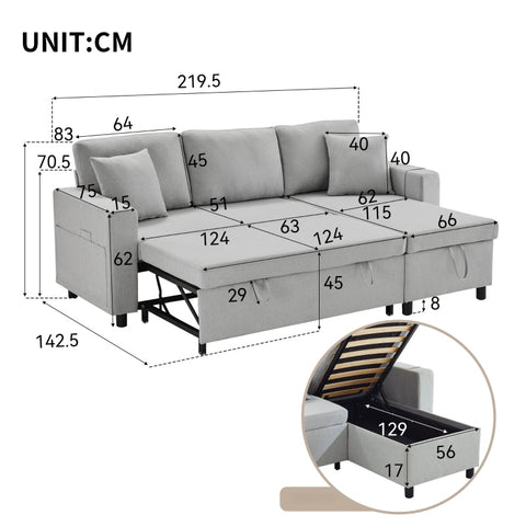Rootz Sofa Bed - Sleeper Sofa - Convertible Couch - Extra Storage - 219cm x 142.5cm x 70.5cm
