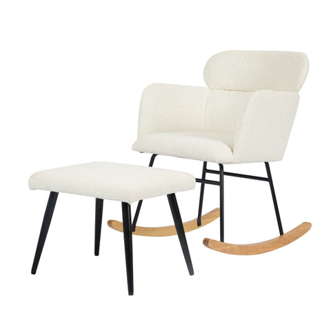 Rootz Elegant White Rocking Chair Set - Glider Chair - Lounge Chair - Ultimate Comfort - 61L x 72.5W x 82H cm - Footstool 52L x 41W x 40H cm