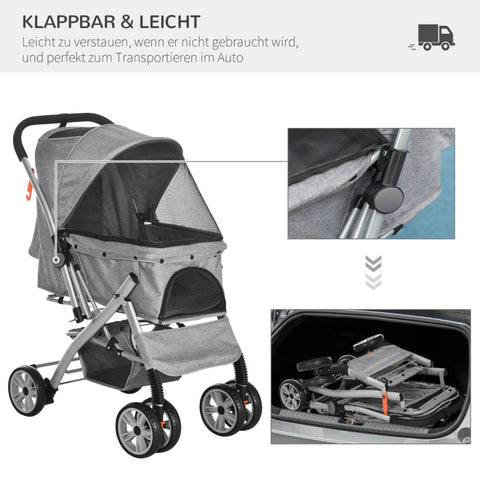 Rootz Dog Stroller - Pet Travel Carrier - Portable Pet Stroller - Folding Storage Basket - Mesh Window - Handbrake - 77cm x 50cm x 99cm - Steel & Oxford Fabric - Gray