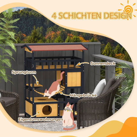 Rootz Cat House - Cat Paradise - Feline Retreat - 4-Level Fun - Fir Wood - 84cm x 60cm x 116cm