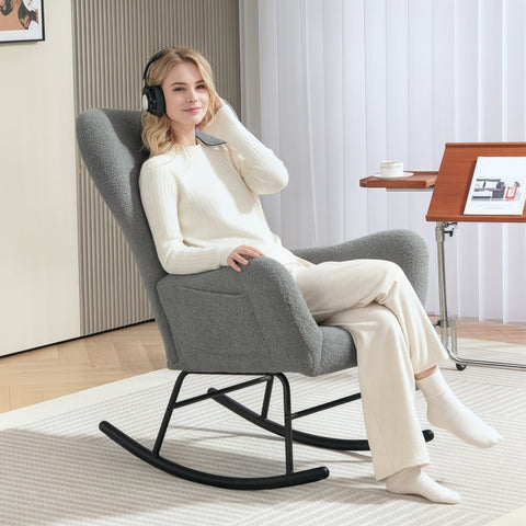 Rootz Rocking Chair - Fluffy Lounge Chair - Non-Slip Recliner - Luxurious Comfort - 67cm x 95cm x 100cm - Grey