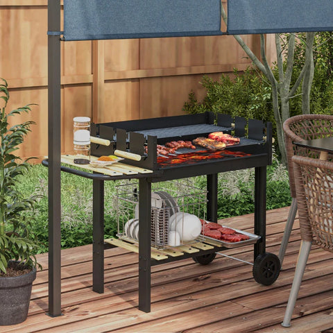Rootz Charcoal Grill - Grillwagen - 2 Grilloppervlakken - 2 Wielen - Handgrepen - Planken - Metaal - Dennenhout - Zwart - 113 X 53,5 X 82,5 Cm