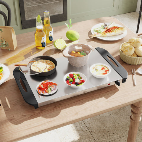 Rootz 2-in-1 Buffet Warmer - Food Warmer - Heat Tray - Adjustable Temperature - Stainless Steel Silver - 64cm x 36.4cm x 14cm