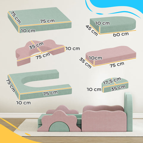 Rootz 12-Piece Foam Blocks Set - Climbing Blocks - Indoor Play Mats - Promotes Motor Skills - Wave Shape 75x35x10cm - Pink & Mint Green