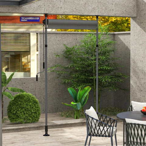 Rootz Freestanding Awning - Adjustable Length - Hand Crank - No Drilling Assembly - Aluminum Frame - Polyester - Dark Gray - 1.5m X 2.2-3.1m