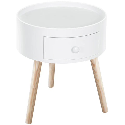 Rootz Coffee Table With Drawer -  Side Table - Round - Scandi Design - Protective Edge - Wood - White - Ø38 x H45 cm