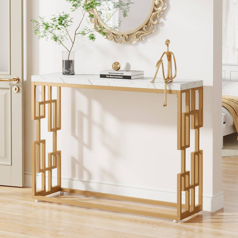Rootz Gold Console Table - Entryway Table - Sofa Table - Easy-to-Clean Faux Marble - 30 cm D x 107.99 cm W x 80 cm H