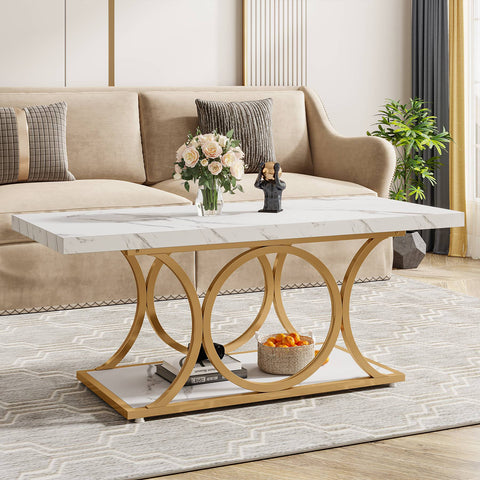 Rootz Chic Modern Coffee Table - 2-Tier Coffee Table - Faux Marble Table - Luxurious Design - 120cm L x 50cm W x 48cm H