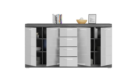 Rootz Sideboard Scout - Wood Material - White High-Gloss Deep-Drawn Front - Smoke Silver Imitation - 165cm x 85cm x 37cm - FSC Certified